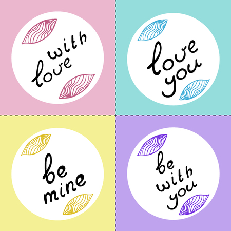 Set of vector greeting cards for valentine's day. With love.  Love you. Be with you. Be mineVector illustration.のイラスト素材