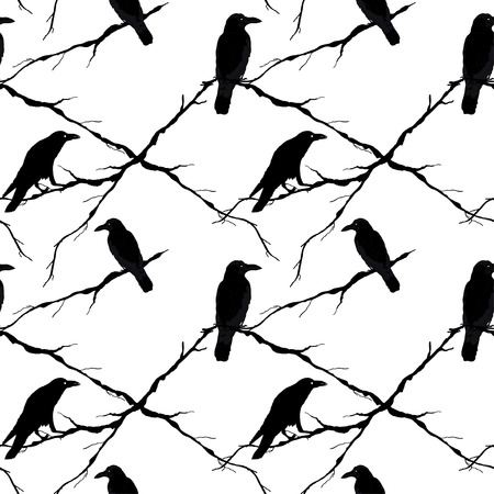 Seamless ravens and tree branches. Vector silhouette of a crows in different positions.のイラスト素材