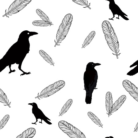 Seamless ravens and feathers. Vector silhouette of a crows in different positions.のイラスト素材