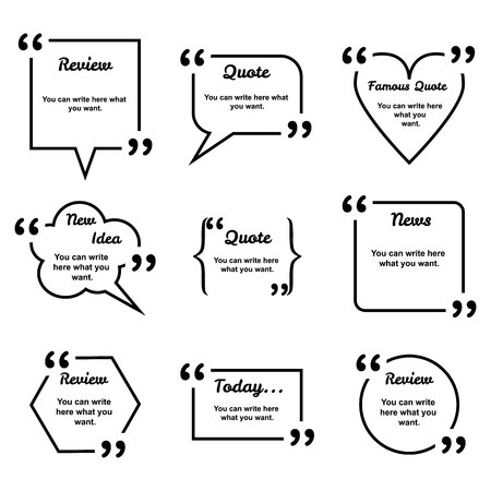 Set of vector black different geometrical form quote templates isolated on white. Review, idea, news bubble. Empty template. Information, text.のイラスト素材
