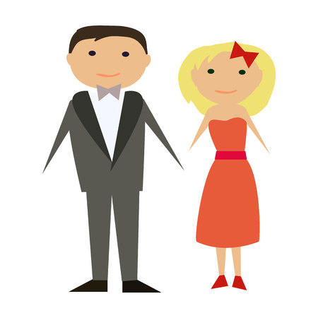 Vector happy couple in flat style. Man and woman in official clothing isolated on white background. Vector modern illustration, man in grey suit and woman in red dressのイラスト素材