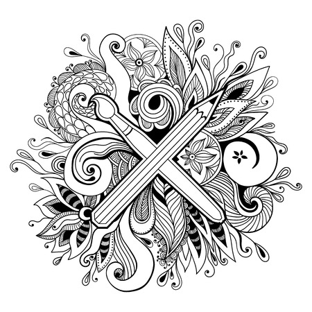 Vector black and white hand drawn abstract mandala of creativity. Pencil across brush isolated on white. Zentangle or adult coloring pageのイラスト素材