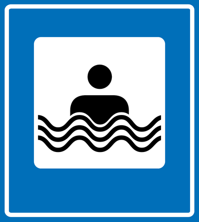 Swim Icon Vector. Flat simple pictogram for road. Vector traffic banner. Man in water, place for swimming, bathing, beach lineのイラスト素材