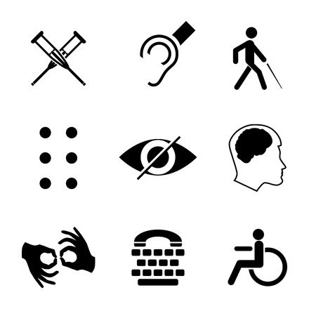 Disabled signs with deaf, dumb, mute, blind, braille font, mental disease, low vision, wheelchair icons. Collection of mandatory signs for public places and web designのイラスト素材
