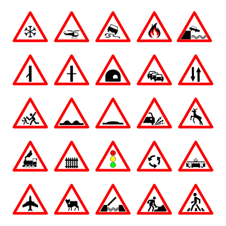 Set road hazard warning signs, road signs warn about the situation of traffic rules, vector red triangle. set of symbolsのイラスト素材
