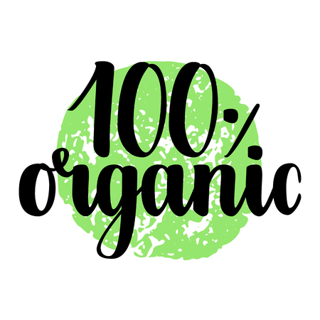 100 percent organic label. Handwritten calligraphy grunge inscription 100 organic on green background isolated on white. Eco sticker for banner, emblem, label, advertisement. Vector illustrationのイラスト素材