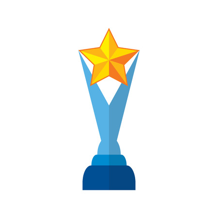 trophy star in yellow success winner award. vector illustration isolated on white in flat style for package, postcards, web, patterns.のイラスト素材