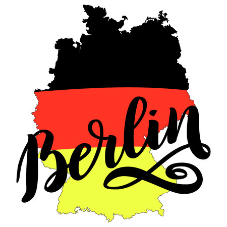 Berlin hand drawn lettering with German flag on map. Vector lettering illustration isolated on white.のイラスト素材