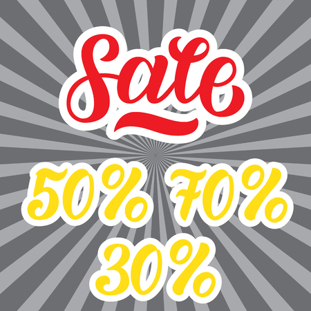 A sale discount set with percents and volume. Sale lettering on rays grey background.のイラスト素材