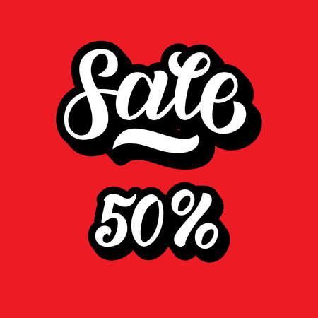 A sale discount set with 50 percents and volume 3D . Sale lettering on red background. Hand lettered calligraphy for banners, labels, badges, prints, posters, web.のイラスト素材