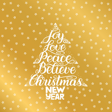Joy, love, peace, believe, christmas, new year. Handwriting lettering for greeting card, invitation, print, poster. Typography holiday message Merry Xmas and Happy New Year vector illustrationのイラスト素材