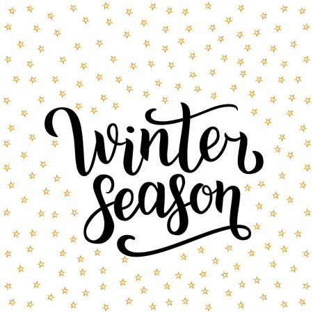 Winter season hand drawn lettering isolated on white background with golden stars. Vector illustration. Use for greeting cards, posters, banners and flyers. Xmas design.のイラスト素材