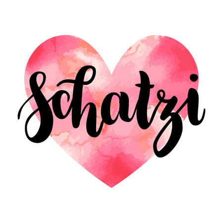 Schatzi - sweetheart in German. Happy Valentines day card, Hand-written lettering isolated on white, textured watercolor red and pink heart.  Handlettering typography poster.のイラスト素材