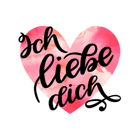 Handwritten text in German Ich liebe dich. Love you postcard. Phrase for Valentines day. Ink illustration. Modern brush calligraphy. Isolated on white background with watercolor colorful heart.のイラスト素材