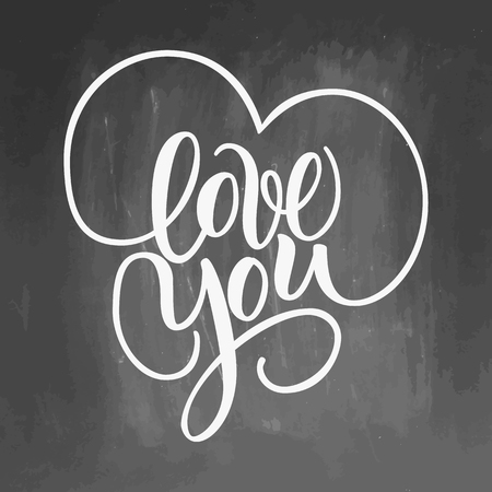 Love You, hand written brush lettering with hearts. Romantic calligraphy. Vector illustration on blackboard background. Greeting Card for Day of Saint Valentine. Ready for Printingのイラスト素材