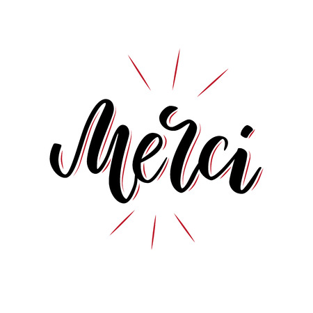 Vector calligraphy. Merci poster or card. Black Letters isolated on the White Background. Thanks in French handlettering. Modern brush letteringのイラスト素材