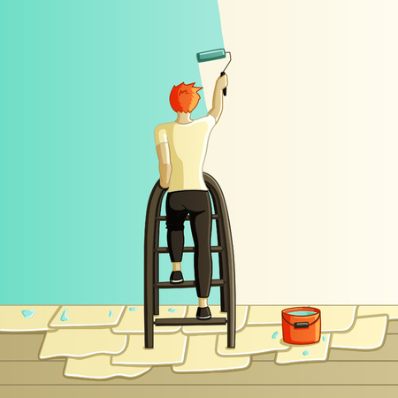 Red-haired man standing on a stepladder.のイラスト素材