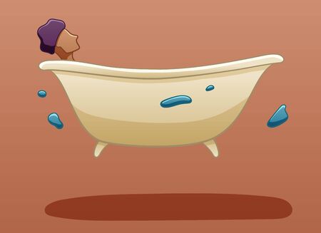 The bath levitates in the air. Inside it is a man with a purple shower cap on his head. Water soars nearby. There is shadow below them on the ground. Brown background, vector.のイラスト素材