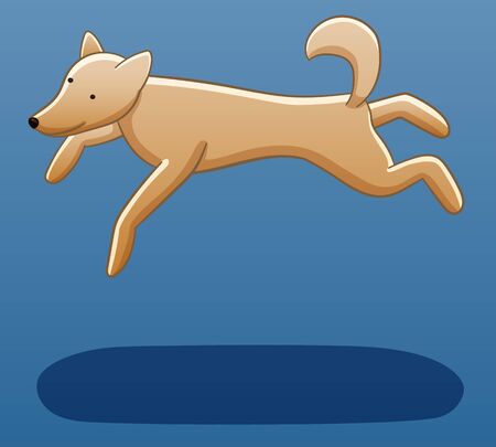 A beige dog levitates in the air. There is shadow below it on the ground. Blue background, vector.のイラスト素材