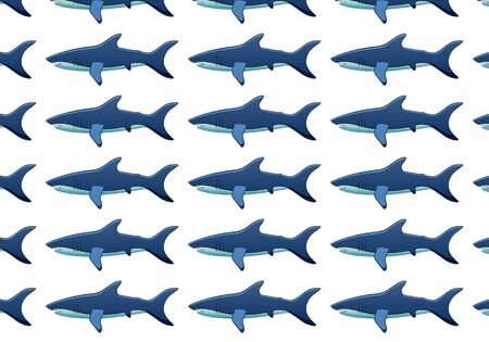 Pattern of blue sharks on white background. Sharks are turned to the left. Vector.のイラスト素材