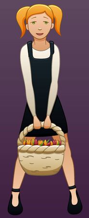 Blond-haired female pupil stands with basket of tulips and smiles. She is dressed in a white sweater and a black sundress. Purple background, vector.のイラスト素材