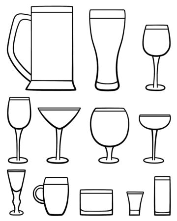 Set of twelve beverage glasses in lines. White background, vector.のイラスト素材