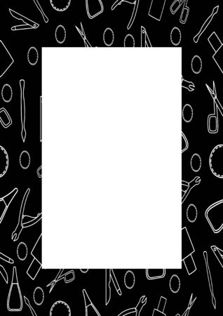 Black rectangle vertical frame with manicure accessories in white lines. Manicure scissors, tweezers, scrapers, nail files, cotton pads and nail polish. White place for text, vector.のイラスト素材