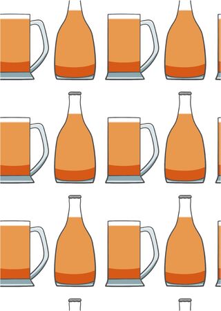 Bottle and mug of beer seamless pattern. White background, vector.のイラスト素材