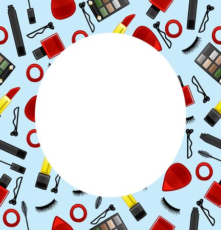 Blue frame with seamless pattern of false eyelashes, mascaras, lipsticks, nail polish, hair bands, eyeshadow palettes, hairpins and applicators. White round place for text, vector.のイラスト素材