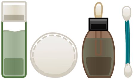 Beauty products set. Nail polish remover, cotton pad, face serum, cotton swab. White background, vector.のイラスト素材