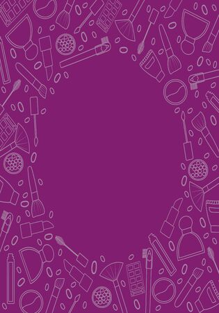 Purple frame with beaury products in white lines. Makeup brush, mascara, lipstick, lip gloss, eyebrow pencil, cream, perfume, blush balls, eyeshadow, sculpting powder. Round place for text, vector.のイラスト素材
