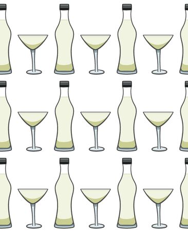 Bottle and glass of martini seamless pattern. White background, vector.のイラスト素材