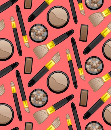Face makeup seamless pattern. Makeup brushes, blush balls, sculpting powder, eyeshadow. Red background, vector.のイラスト素材