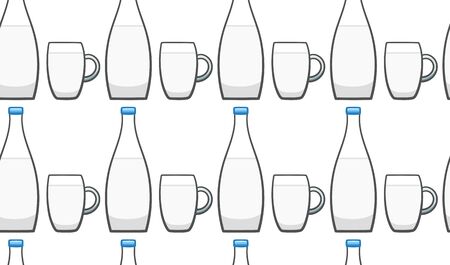Glass bottle and mug with mineral water seamless pattern. White background, vector.のイラスト素材