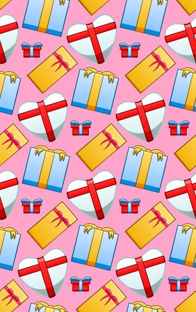 Seamless pattern with giftboxes for Valentine's day. Red box with blue ribbon, yellow box with red ribbon, white box with red ribbon and blue box with yellow ribbon. Pink background, vector.のイラスト素材