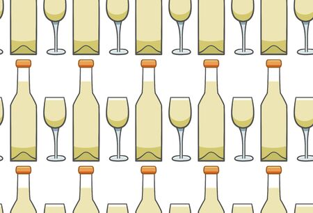 Bottle and glass of white wine seamless pattern. White background, vector.のイラスト素材