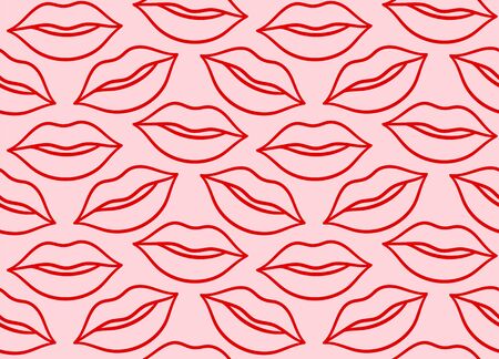 Red line lips kisses seamless pattern. Pink background, vector.のイラスト素材