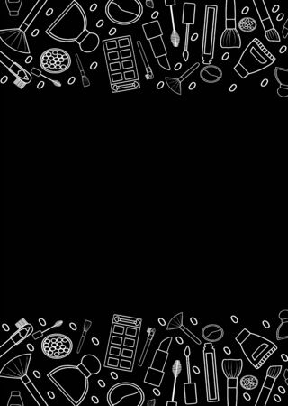 Black frame with makeup pattern in white lines. Makeup brush, mascara, lipstick, lip gloss, eyebrow pencil, cream, perfume, blush balls, eyeshadow, sculpting powder. Place for text, vector.のイラスト素材
