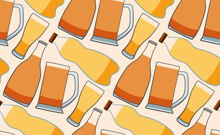 Bottles and glasses of beer seamless pattern. White background, vector.のイラスト素材
