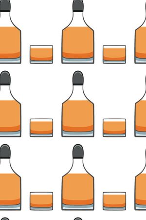 Bottle and glass of whiskey seamless pattern. White background, vector.のイラスト素材