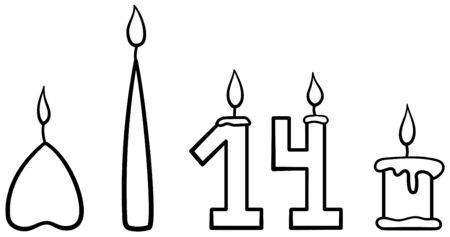 Set of five burning candles of different shapes in black lines. White background, vector.のイラスト素材