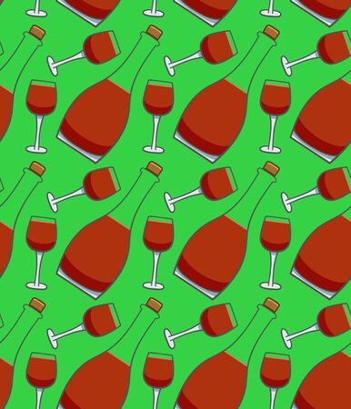 Bottle and glass of red wine seamless pattern. Green background, vector.のイラスト素材