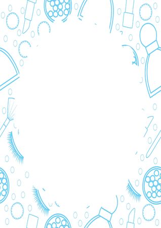 White frame with blue line makeup seamless pattern. Makeup brush, false eyelashes, lipstick, perfume, blush balls, hair band, cotton pad. Place for text, vector.のイラスト素材
