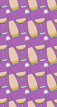 Bottle and glass of champagne with bubbles seamless pattern. Purple background, vector.のイラスト素材