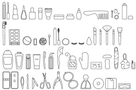 Hygiene and beauty products big vector black line set. Manicure set, makeup accessories, creams, soaps, dental care set, toiletries, comb, shower gels and sponges, perfume, nail polishes, lipsticks.のイラスト素材