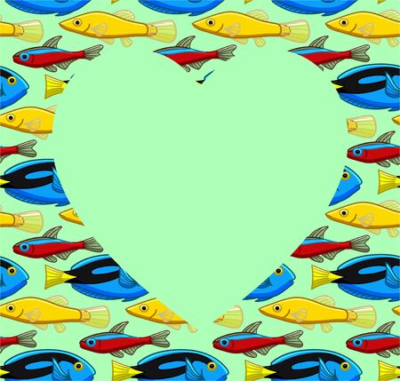 Copy space in the shape of a heart on seamless pattern with Surgeonfishes, Bloodfin tetra and Chinese Algae Eater fishes. Green background, vector.のイラスト素材