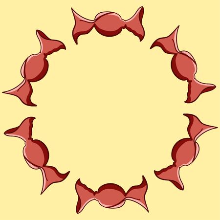 Round frame made of candies in red wrapper. Yellow background, vector.のイラスト素材