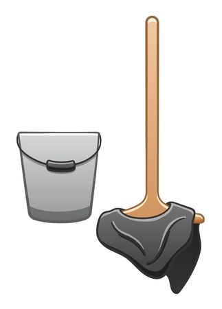 Cartoon isolated wooden mop with gray rag and metal bucket for cleaning. White background, vector.のイラスト素材