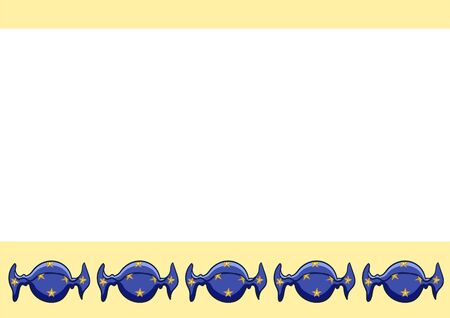 White copy space with candies in blue with yellow stars wrapper. Yellow background, vector.のイラスト素材