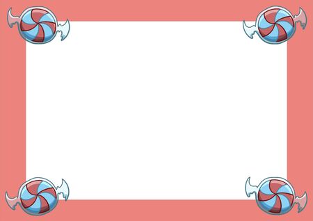 Red rectangle frame with blue and red stripped candies in transparent wrapper in the corners. White copy space, vector.のイラスト素材